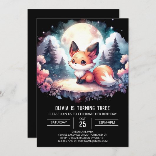 ミニマルお洒落キツネ誕生日デジタル 招待状 (正面/裏面)