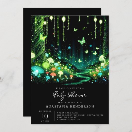 ミニマルお洒落主義の魅惑された森の赤ちゃんシャワー 招待状 (正面/裏面)