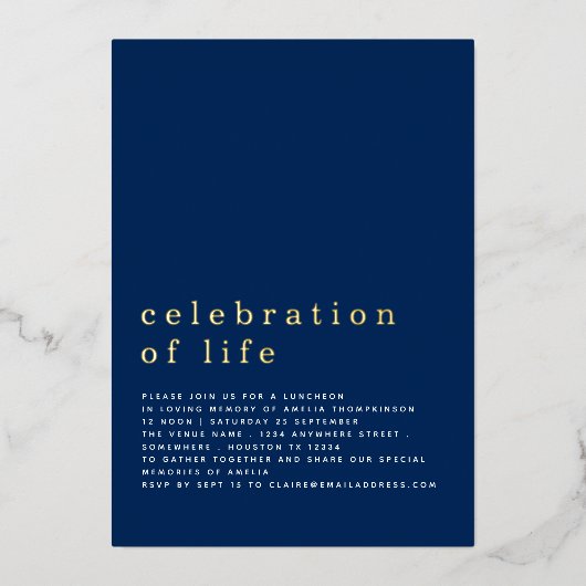 ミニマルお祝い・オブ・ライフ・ランチョンネイビー実在ビー 箔招待状 (正面)