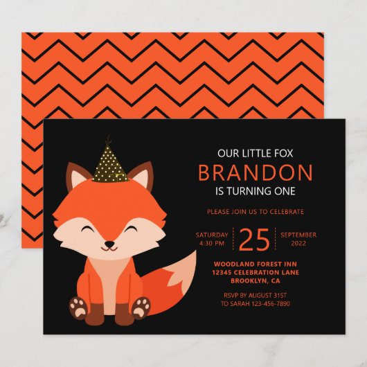 ミニマルかわいいリトルキツネジグザグブラック誕生日 招待状 (正面/裏面)