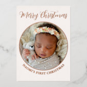 ミニマルかわいい写真メリーベビーの初めてのクリスマス 箔シーズンカード (正面)