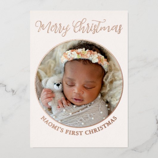 ミニマルかわいい写真メリーベビーの初めてのクリスマス 箔シーズンカード (正面)