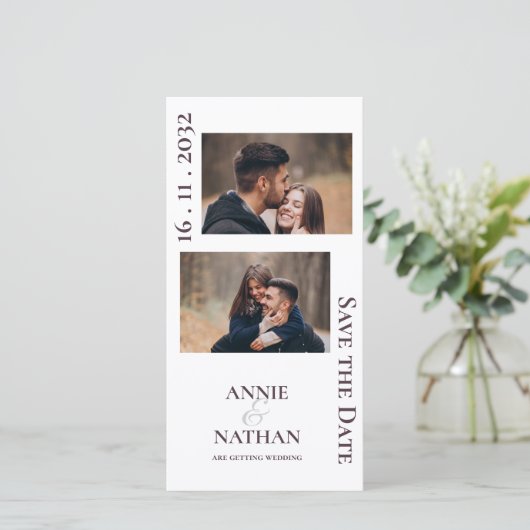 ミニマルかわいい2枚の写真ウェディングは日付を保存 シーズンカード (スタンド正面)