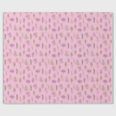 ミニマルかわいらしキュート英語ピンクパープルフローラ ラッピングペーパー (フラット)