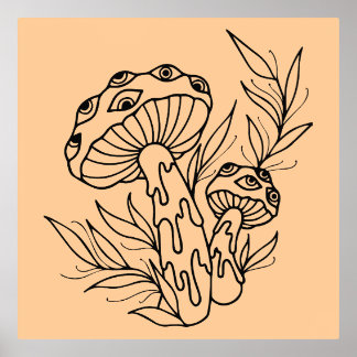 ミニマルきのこのラインアート 箔ポスター