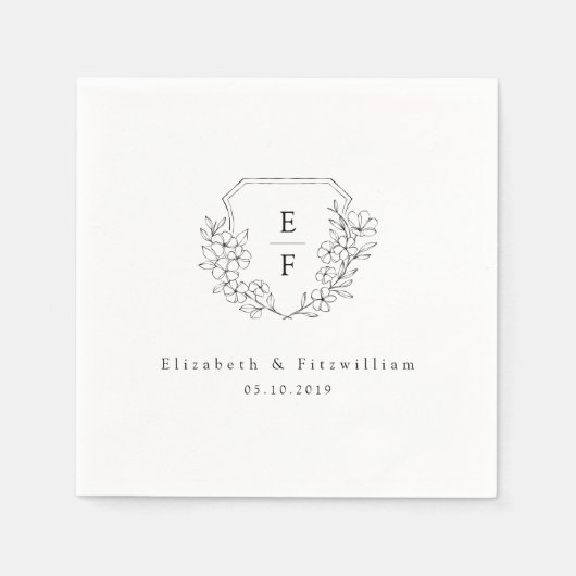 ミニマルさくらんぼブロッサムモノグラム結婚クレスト スタンダードカクテルナプキン (正面)