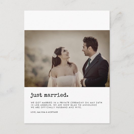 ミニマルたった今結婚しましたタイプライター写真 ポストカード (正面)