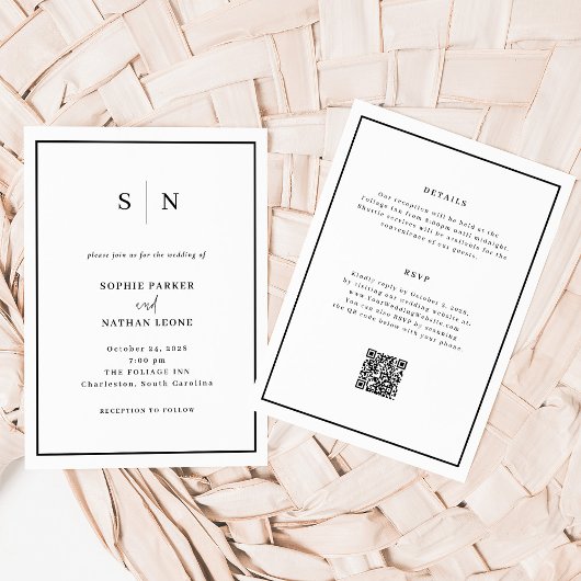 ミニマルでおしゃれなブラックボーダー | オールインワンの結婚式招待状 招待状