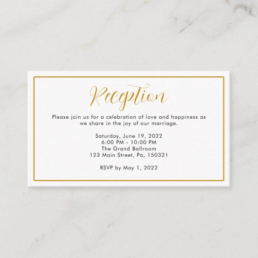 ミニマルでエレガントなゴールドのボーダー ウェディング レセプション エンクロージャーカード (正面)