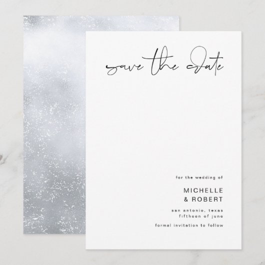 ミニマルでエレガントなスクリプトシルバー Save The Date 招待状 (正面/裏面)