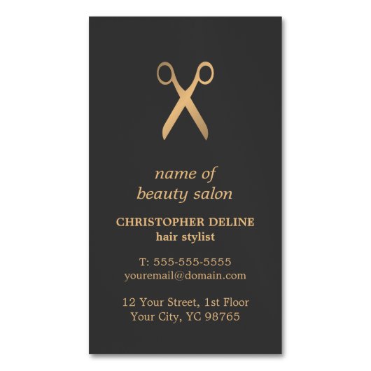ミニマルでエレガントなダークグレーのフェイクな金ゴールドの美容師 マグネット名刺 (正面縦)