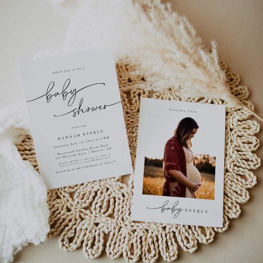 ミニマルでエレガントな写真 ベイビーシャワープレゼント 招待状