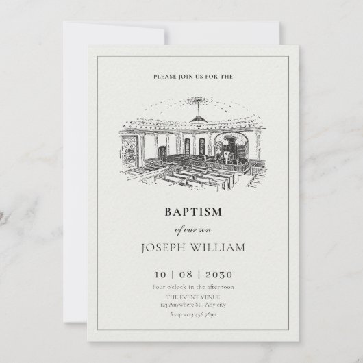 ミニマルでエレガントな教会の洗礼 招待状 (正面)