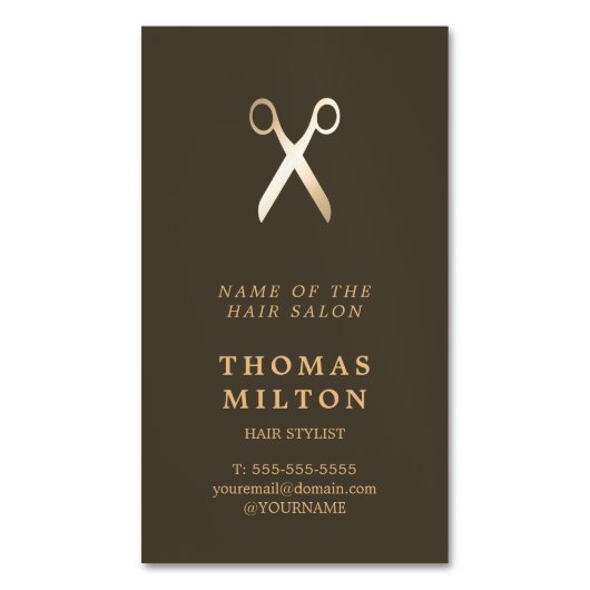 ミニマルでエレガントな焦茶のフェイクな金属の美容師 マグネット名刺 (正面縦)