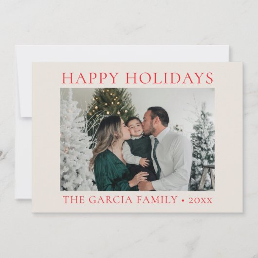 ミニマルでエレガントな赤とクリームのフォト シーズンカード (正面)