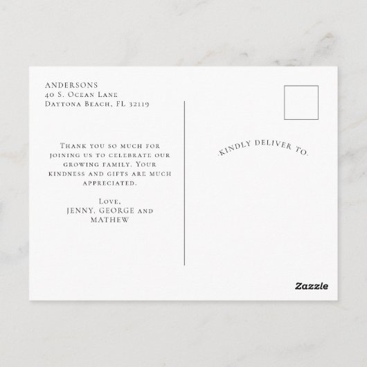 ミニマルでエレガントな3枚の写真のサンキュー ベイビー ポストカード (裏面)