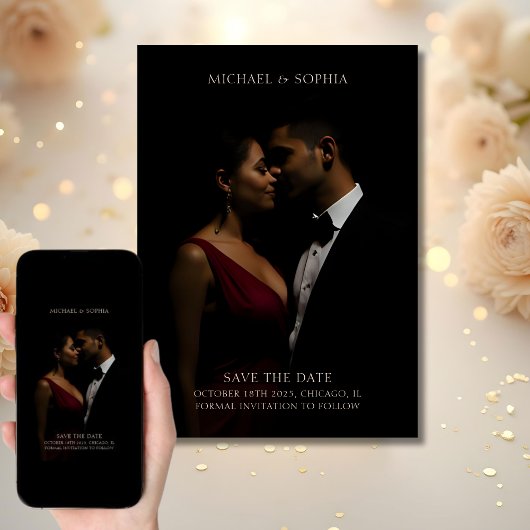 ミニマルでエレガントな Save the Date フォト ブラックタイ セーブザデート