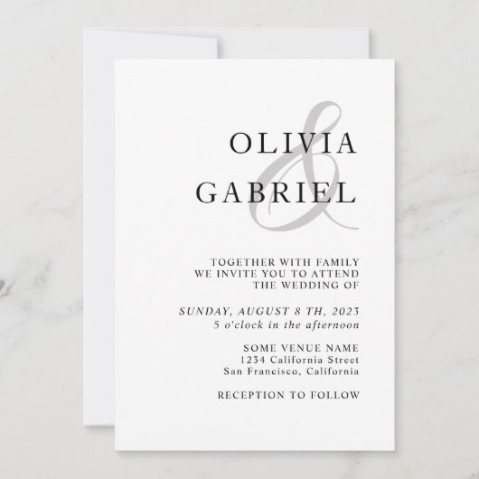ミニマルでスタイリッシュ。モダンな白と黒のウェディング 招待状 (正面)