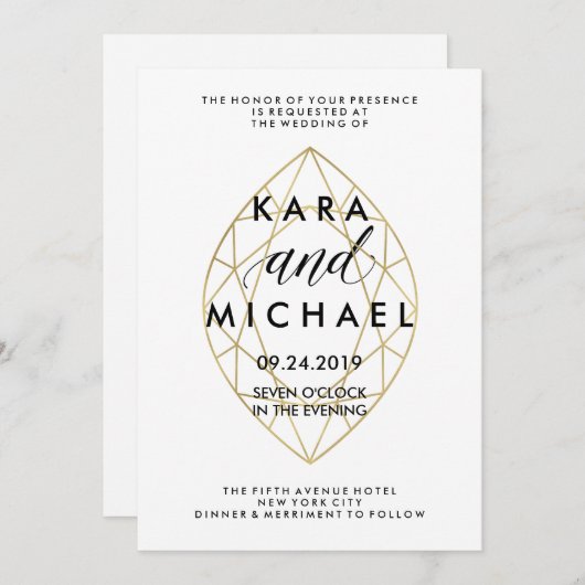 ミニマルでモダンでフェイクな金ゴールドの幾何学的なダイヤモンド結婚式 招待状 (正面/裏面)