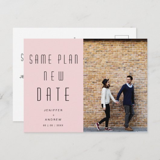 ミニマルでモダンな写真 新しい結婚式の日程 ポストカード (正面/裏面)