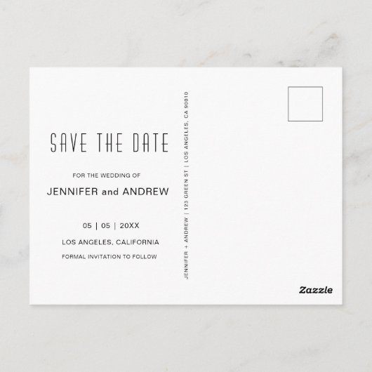 ミニマルでモダンな写真 新しい結婚式の日程 ポストカード (裏面)