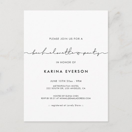 ミニマルでモダンな独身最後のパーティー招待状 ポストカード (正面)