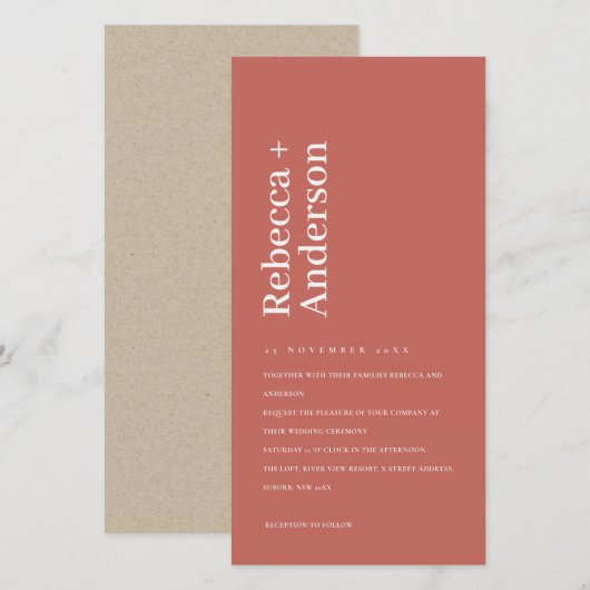 ミニマルで大胆なトマトレッドのタイポグラフィー ウェディング招待状 サンキューカード (正面/裏面)