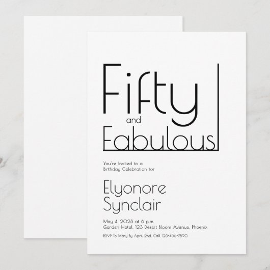 ミニマルで贅沢な50歳の誕生日パーティー 招待状 (正面/裏面)