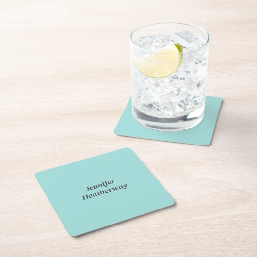 ミニマルなアクアブルー名前をカスタムする スクエアペーパーコースター (インサイチュ)