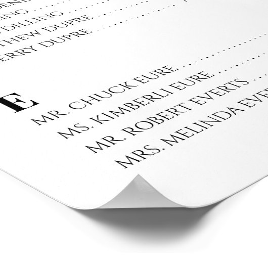 ミニマルなアルファベットの座席表パーソナライズされた ポスター (角)