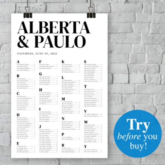 ミニマルなアルファベットの座席表パーソナライズされた ポスター