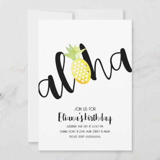 ミニマルなアロハハワイルアウ(ハワイ式宴会)フォトバースデーパーティー 招待状 (正面)