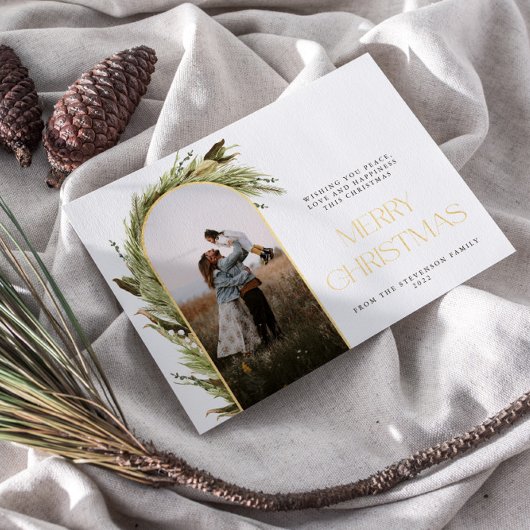 ミニマルなアーチメリークリスマスフォト 箔シーズンカード