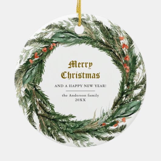 ミニマルなウィンターパインリース写真 セラミックオーナメント (裏面)