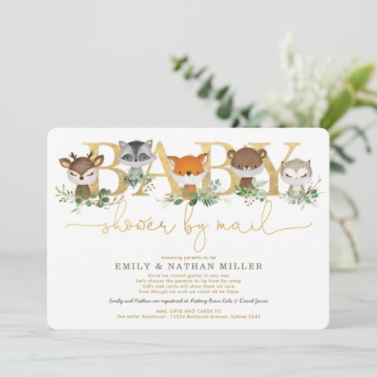 ミニマルなウッドランド緑の赤ちゃんシャワー(郵便) 招待状 (スタンド正面)