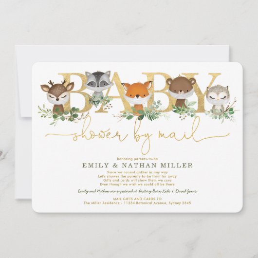 ミニマルなウッドランド緑の赤ちゃんシャワー(郵便) 招待状 (正面)