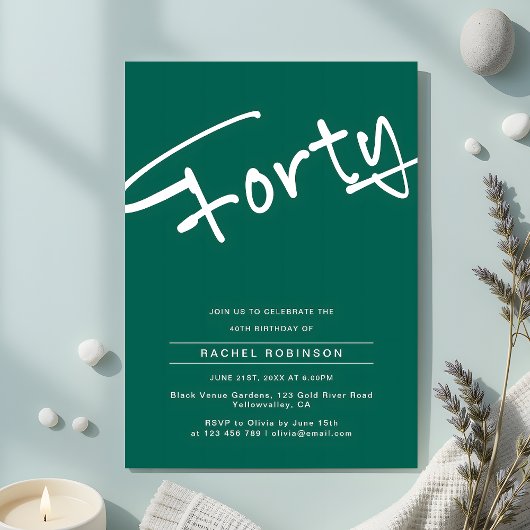 ミニマルなエメラルドグリーン大人40歳の誕生日 招待状