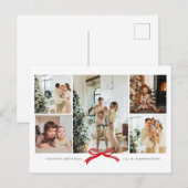 ミニマルなオシャレ 赤いリボンの写真コラージュ ホリデーカード シーズンポストカード (正面/裏面)