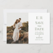 ミニマルなオリーブのモノグラム写真日付カードを保存 招待状 (正面)