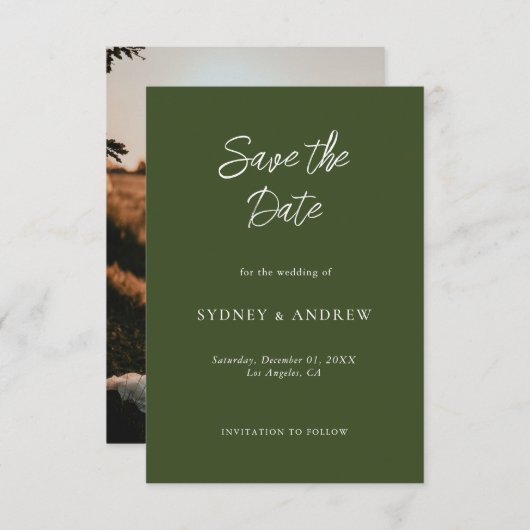 ミニマルなオリーブ緑の写真日付カードを保存 セーブザデート (正面/裏面)