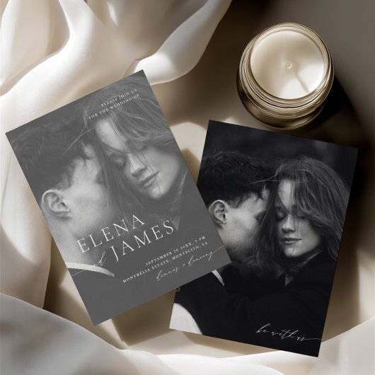 ミニマルなオーバーレイフォトブラック&ホワイト結婚ズ 招待状