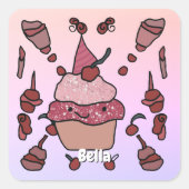 ミニマルなカップケーキとさくらんぼと散水 スクエアシール (正面)