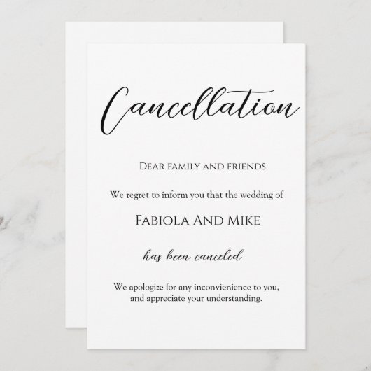 ミニマルなカリグラフィーの結婚式中止 案内状 (正面/裏面)