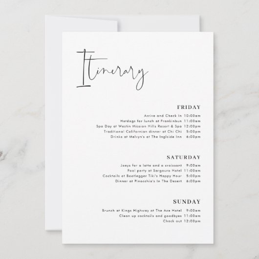 ミニマルなカリグラフィー独身最後の週末の予定 招待状 (裏面)