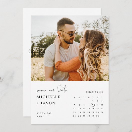 ミニマルなカレンダー写真 Save the Date 招待状 (正面/裏面)