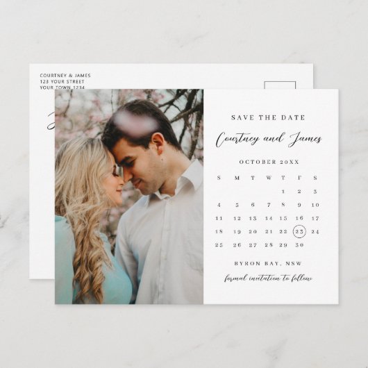ミニマルなカレンダー写真Save the Date招待状 ポストカード (正面/裏面)