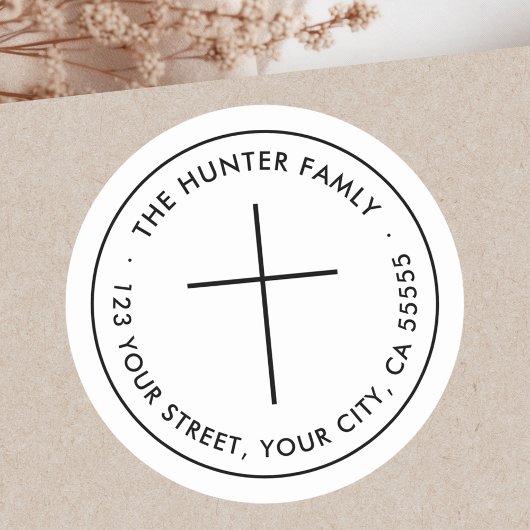 ミニマルなクリスチャンのクロス白差出人住所 ラウンドシール