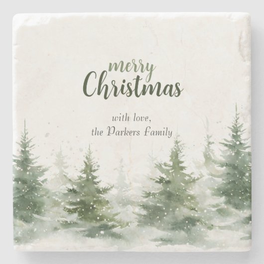 ミニマルなクリスマスの水の色の常緑雪 ストーンコースター (正面)