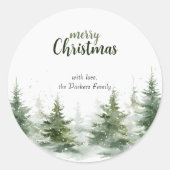 ミニマルなクリスマスの水の色の常緑雪 ラウンドシール (正面)