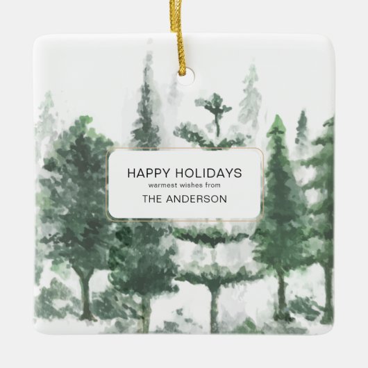 ミニマルなクリスマスの水の色の森林写真 セラミックオーナメント (正面)